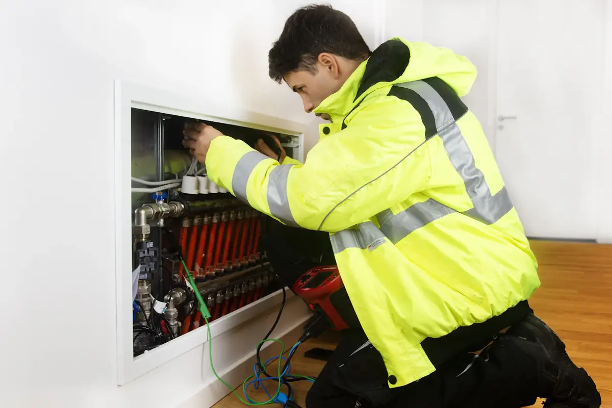 Technician in a high-visibility jacket checking heating equipment inside a home